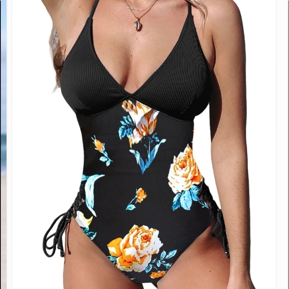 Blue Halter Crisscross Hollow Out Ribbed Printed One-piece Swimwear NWT Sz 2XL